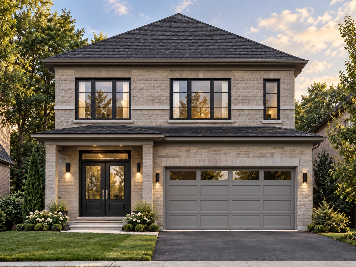 Ridgefield front exterior with pale masonry, a sheltered entrance and an attached garage