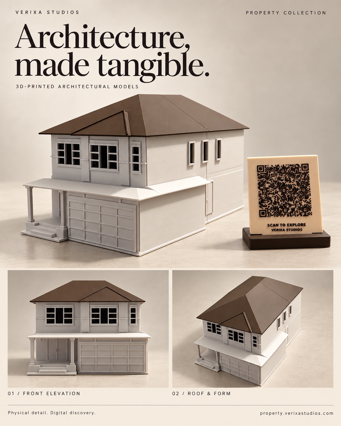 Photographs of the physical Ridgefield house miniature with white walls and a brown hipped roof, showing the front elevation and roof form