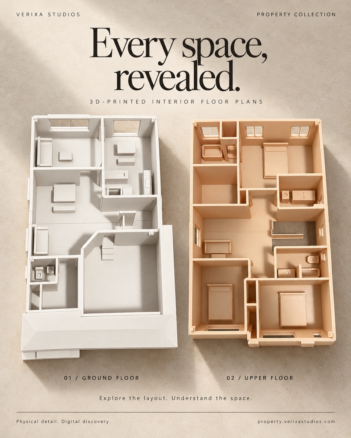 Photograph of the physical Ridgefield floor-plan miniatures, with a white ground floor and a warm beige upper floor showing rooms and furniture